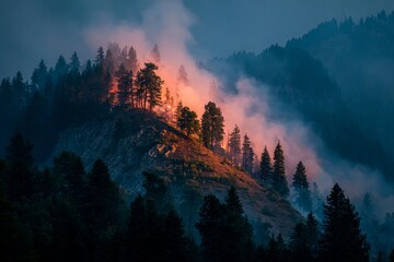 Wildfire burning on a forested hillside, smoke rising against a dark sky