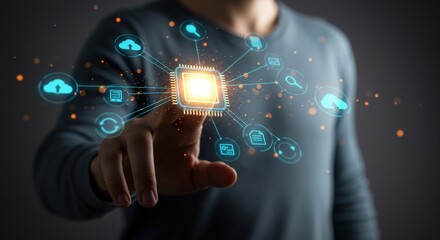 Person interacting with a glowing digital network and chip