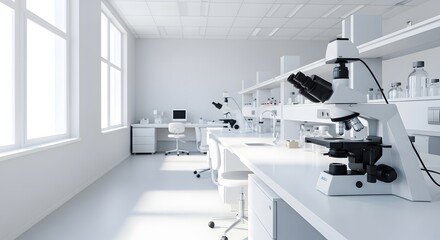 A bright laboratory with microscopes on white benches and large windows letting in natural light