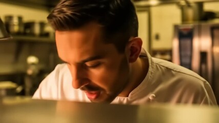 Chef carefully inspecting a dish in a bustling restaurant kitchen with pots and equipment in the background