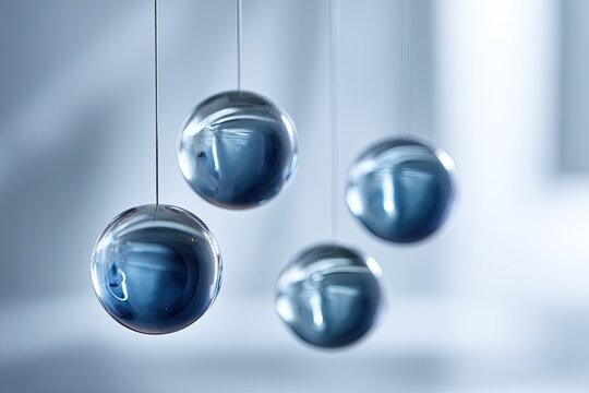 Four clear, spherical objects suspended from thin wires, reflecting light against a soft, blue background