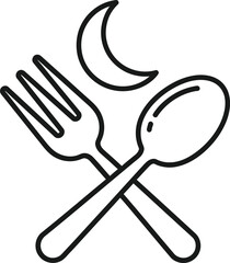 A simple black and white line drawing of a fork and spoon crossed over each other with a crescent moon above them.
