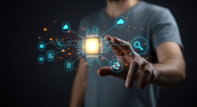 Man interacting with futuristic digital network and data visualization