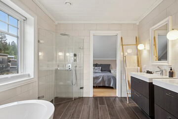 Modern bathroom interior in minimal scandinavian style, 3d render