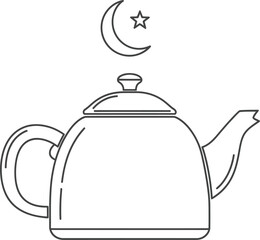 A simple line drawing of a teapot with a crescent moon and star above it.