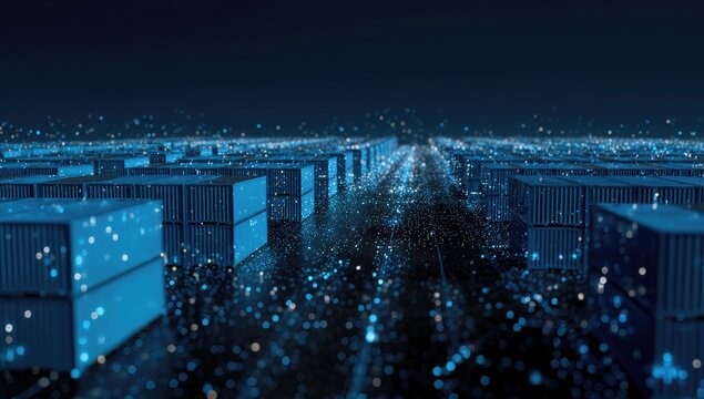 Digital rendition of shipping containers, connected by a network of glowing, blue particles