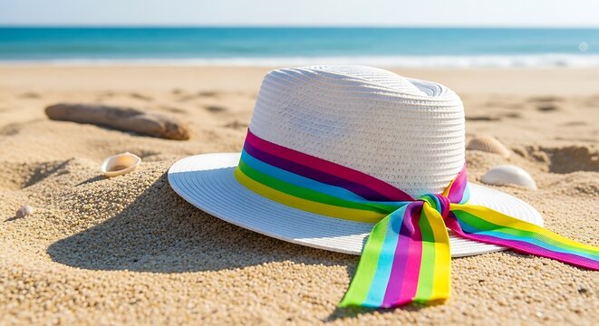 White hat with colorful ribbon on sandy beach.
