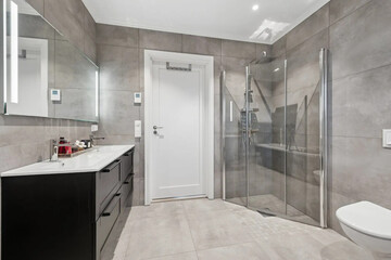 Modern bathroom interior in minimal scandinavian style, 3d render