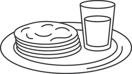 A simple line drawing of a stack of pancakes or crepes served on a plate with a glass of milk.