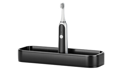 Electric toothbrush on a black stand against a dark background in a studio shot display style created with generated ai