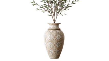 Ornate vase with floral pattern holding delicate branches against a black background studio shot created with generated ai