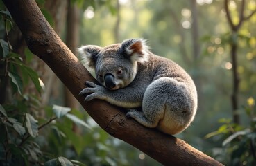 Fototapeta premium Fluffy koala rests on tree branch within lush forest habitat. Grey marsupial clings securely, enjoying peaceful moment among green foliage. Wildlife photo shows adorable animal in natural setting.