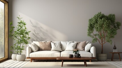 Serene Modern Living Room Interior Design Featuring a Plush White Sofa and Lush Indoor Greenery