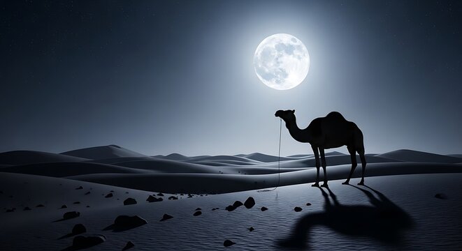 Camel Silhouette in Desert Under Full Moon at Night.