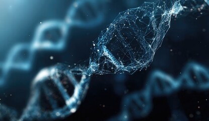 3D rendering of a digital DNA helix with nodes and connections, against a gradient blue backdrop