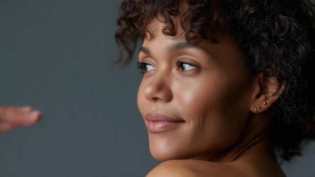 A striking portrait of a confident woman with curly hair turns back towards the camera, embodying strength, individuality, and the beauty of self-expression in contemporary society.