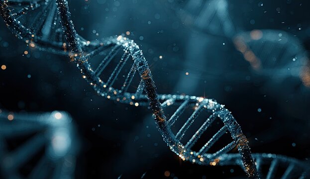 Close-up of a detailed, glowing double helix structure in a dark blue, slightly blurred background