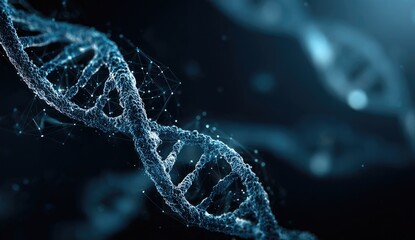 Close-up rendering of a futuristic DNA double helix in cool blue tones with networked connections