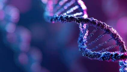 Close-up view of a rendered double helix in vibrant blue and magenta, suggestive of biology