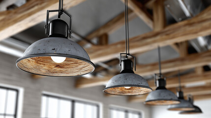Factory style pendant lights illuminating wooden floor in rustic loft