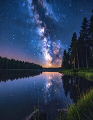 湖に映る天の川と満天の星空