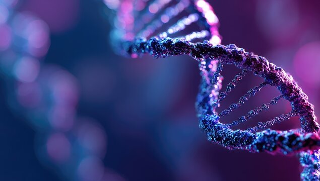 Close-up view of a rendered double helix in vibrant blue and magenta, suggestive of biology - Powered by Adobe