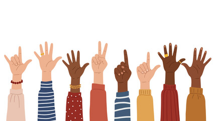 Diverse Human Hands Raising and Gesturing, Symbolizing Unity and Global Community on White