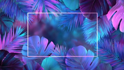 Vibrant tropical foliage with a neon glow framing a blank space for text or imagery