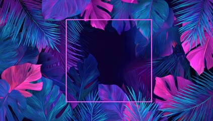 Tropical foliage in vibrant neon hues encircle a dark space within a rectangular frame