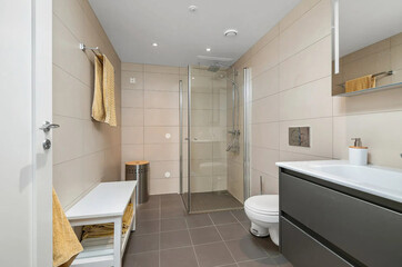 Modern bathroom interior in minimal scandinavian style, 3d render
