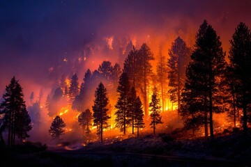 Wildfire consuming a forest at night, causing an environmental crisis with intense flames and smoke