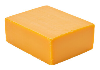 Block of cheddar cheese isolated on transparent background, dairy product for cooking and snacking use