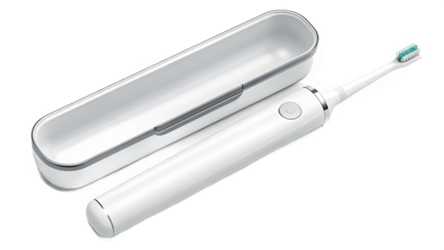 A white electric toothbrush and its open case are displayed on a black background in a studio shot created with generated ai