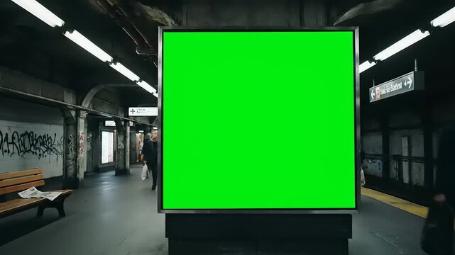 Large Digital Billboard with Green Screen in a Busy Underground Subway Station. Commuters Walk Past as Camera Zooms in for Advertising Mockup.