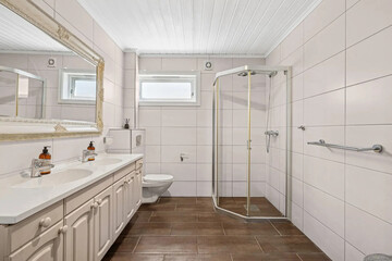 Modern bathroom interior in minimal scandinavian style, 3d render
