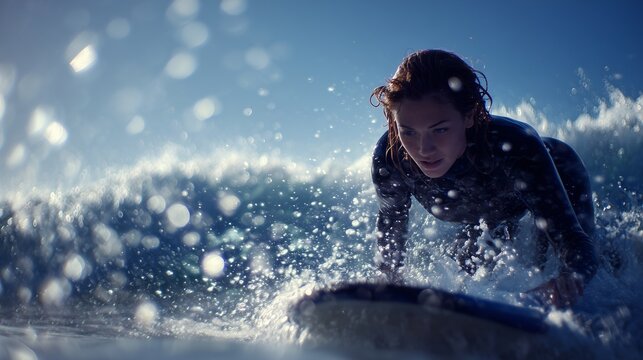 A woman leans forward on the surfboard as the woman navigates through splashing waves. The woman balances while waves crash around the surfboard under bright light.