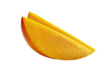 A single, vibrant slice of a tropical fruit, showing a spectrum of yellow and orange