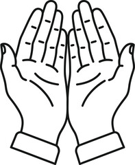 Obraz premium A simple black and white line drawing of two open hands held upwards in a gesture of prayer or supplication.