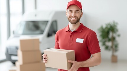 A delivery courier in a red uniform smiles while holding a cardboard box, standing near a van and stacked parcels. The bright scene symbolizes logistics, shipping, and fast e-commerce service