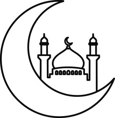 A black and white line drawing of a mosque with a crescent moon behind it, symbolizing Islamic culture and religious holidays.