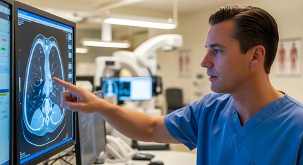 Doctor in scrubs pointing at a chest x ray image on a computer screen in a hospital examination room