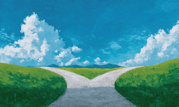 Painting depicts a green field with a road that splits in two against a blue sky, white clouds, and distant hills