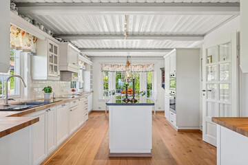 Modern luxury kitchen interior in minimal scandinavian style, 3d render
