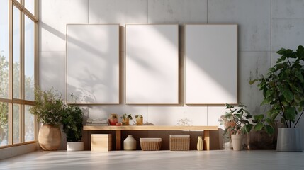 Modern interior space with blank frames and potted plants in a sunlit room