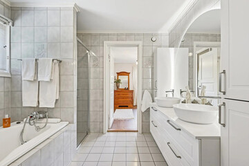 Modern bathroom interior in minimal scandinavian style, 3d render
