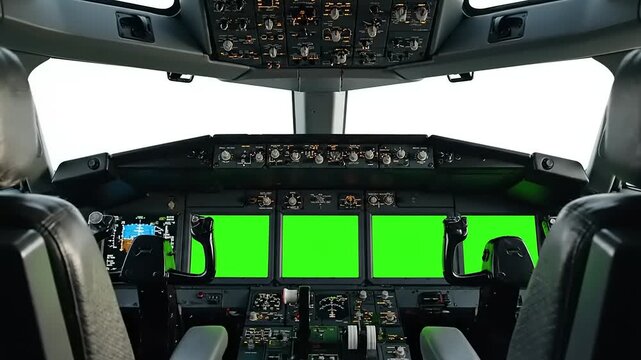 Airplane Cockpit with Green Screen Displays - Pilot's View of Modern Aircraft Flight Deck Ready for Chroma Key Compositing