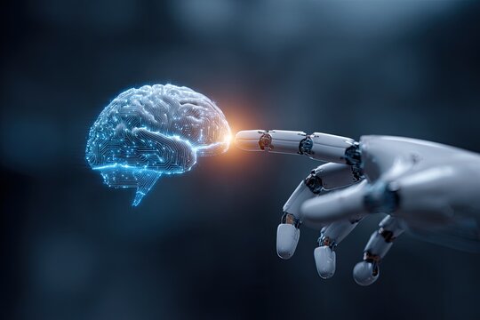 A robotic hand extends toward a digital brain glowing blue, symbolizing AI and human intellect