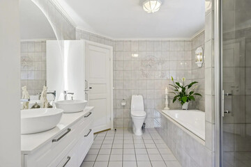 Modern bathroom interior in minimal scandinavian style, 3d render
