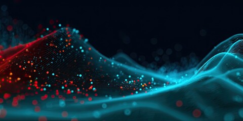 Abstract digital visualization of flowing lines and particles in vibrant red and teal colors