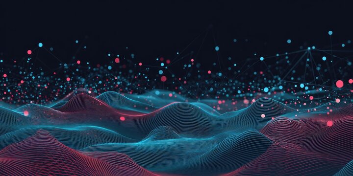 Digital abstract rendering of data streams and connections over a wave-like mesh topography